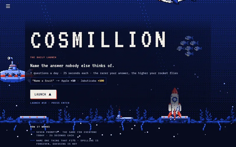 Cosmillion's pixel-art launch screen with a rocket above a blue ocean
